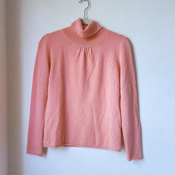 EVELYN GRACE Cashmere Sz Small Coral Pink Turtleneck Sweater Top Rolled sleeve - Picture 1 of 13